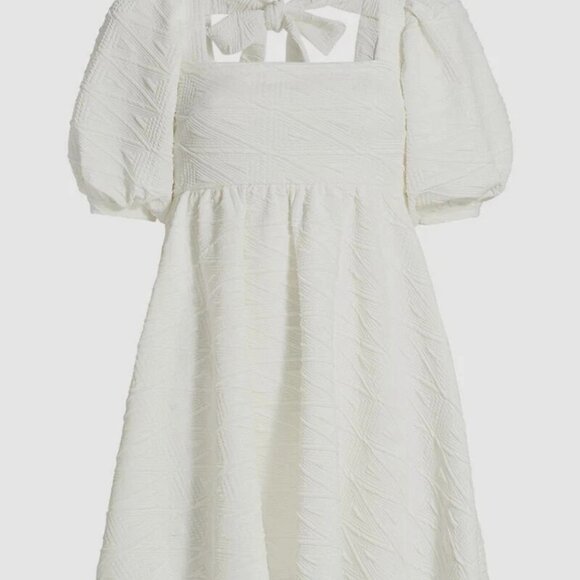 FREE PEOPLE White Square Neckline Tie Back Puff Sleeve "Violet" Minidress Sz L - Picture 6 of 13